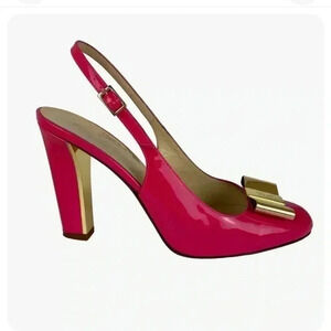 Kate Spade Barbie  Pink Leather Block Heels with Golden Bow- US 8- Italy